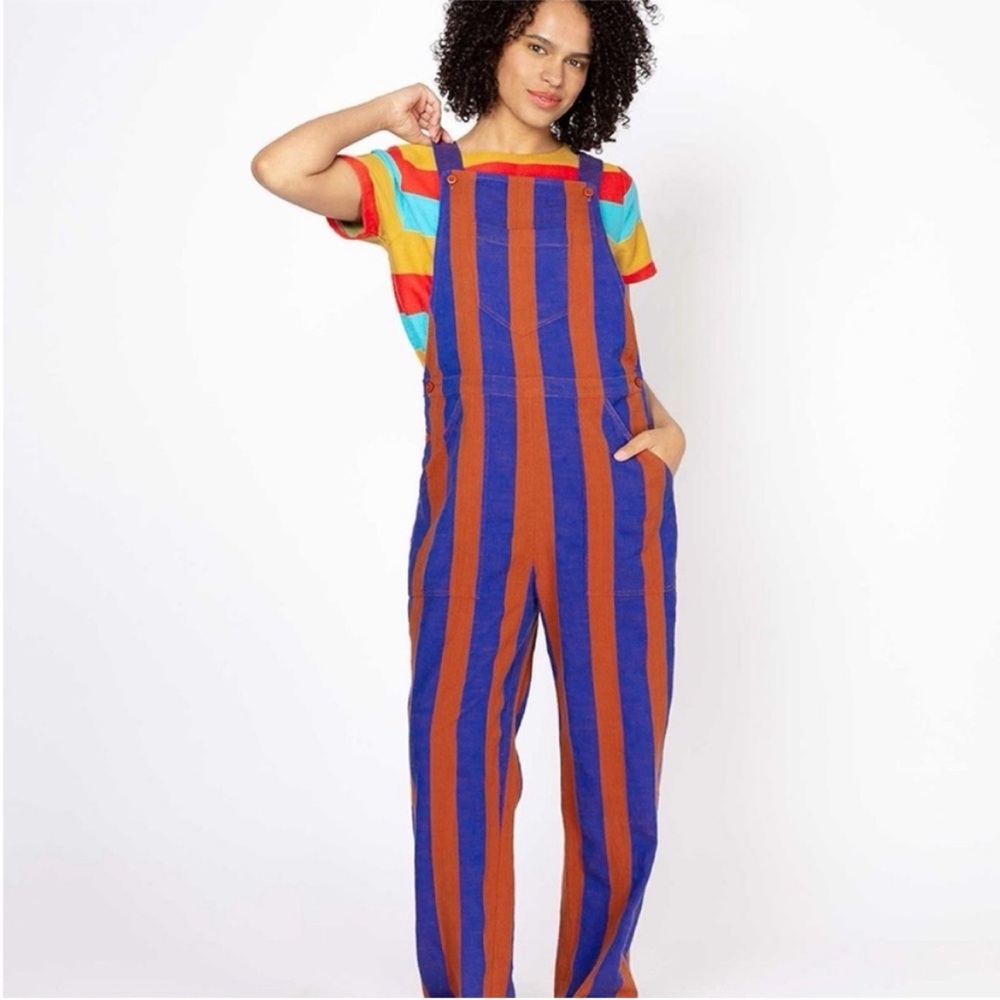 Ace & Jig Blue and Orange Striped Cotton Overalls Jumpsuit